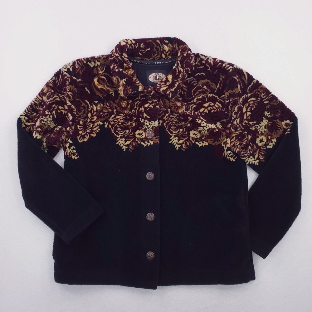 Vintage County Clothing Cardigan Womens Small Black Brown Floral Fleece Sweater